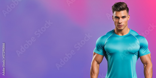 Handsome muscular man in fitness outfit over pink background with copy space, banner. generative ai photo