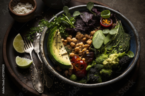 Bowl with fresh salad, avocado, grains, beans. Illustration AI Generative