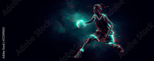 Abstract silhouette of a NBA basketball player woman in action isolated black background. © Yevheniia