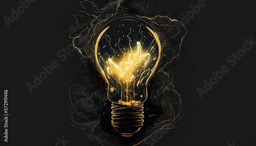 Illuminated Light Bulb Concept on Dark Background, Dark Academia Inspired, Ideas, Lit Up and Glowing - Generative AI