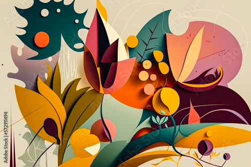 vintage retro abstract oil painting vector illustration of spring and summer flowers with grass, leaves, foliage and colorful blossoms, floral art decor texture/pattern (generative ai) © MBL