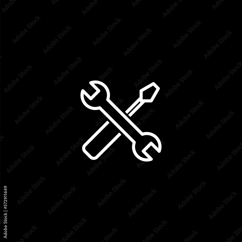 Spanner, hammer and screwdriver line icon isolated on black background. Spanner, hammer and screwdriver line icon isolated on black background.