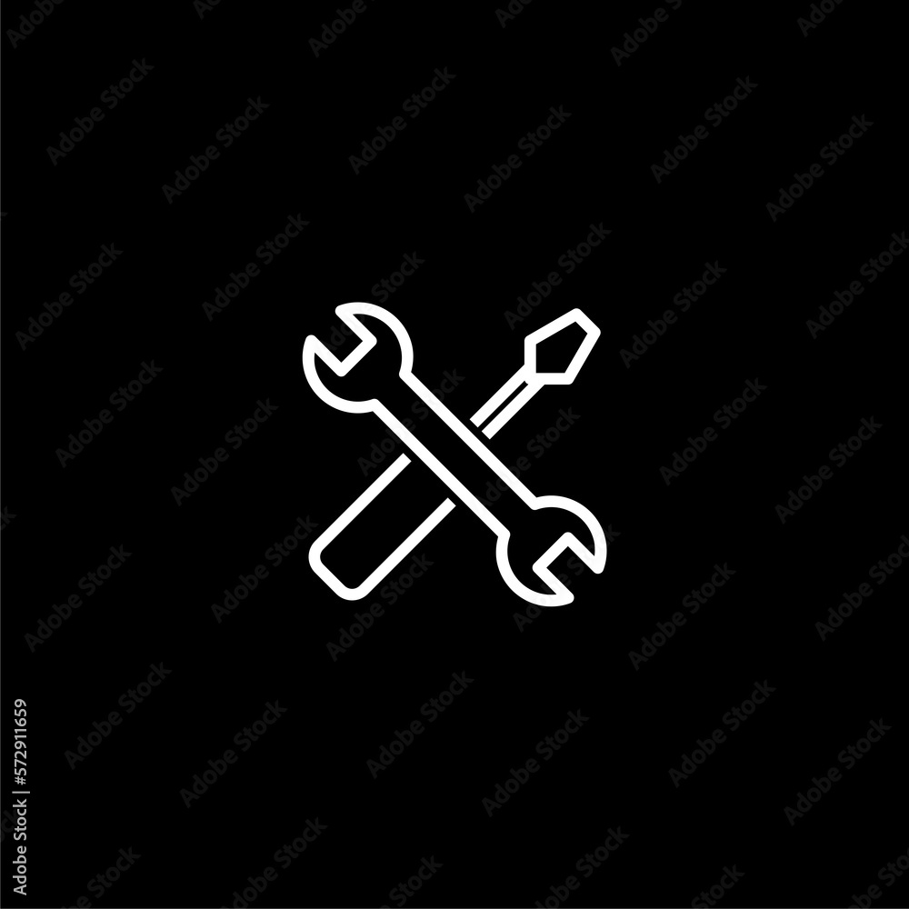 Spanner, hammer and screwdriver line icon isolated on black background. Spanner, hammer and screwdriver line icon isolated on black background.