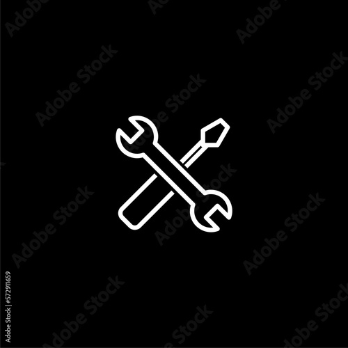Spanner, hammer and screwdriver line icon  isolated on black background.