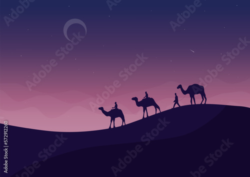 camels in the desert at night, vector illustration.