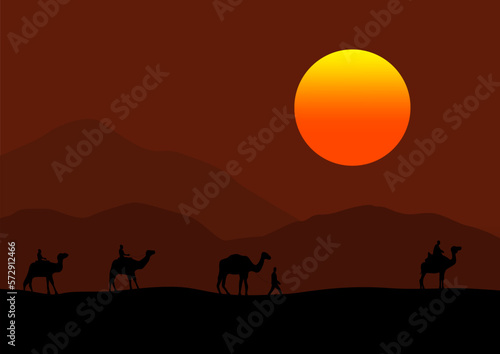 camels in the desert at sunset  vector illustration.
