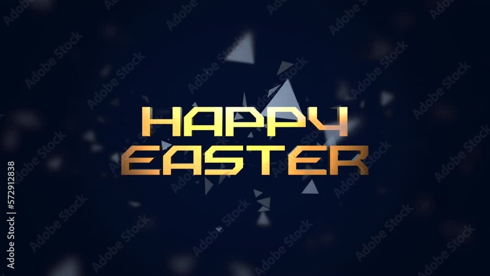 Happy Easter text with flying blue triangles on black gradient, motion abstract business, promo, holidays and sale style background Happy Easter text with flying blue triangles on black gradient, motion abstract business, promo, holidays and sale style background