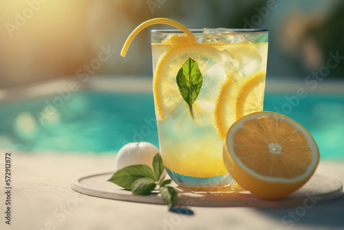 Lemonade on pool background. Illustration Generative AI