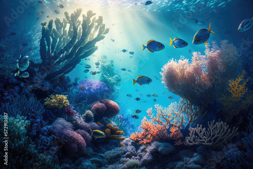 Coral reef with many fish swimming underwater. Illustration AI Generative © olegganko