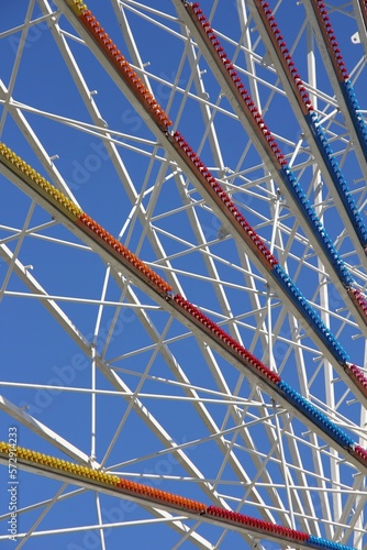 close-up view of ferris wheel brews on blue sky background  entertainment concept