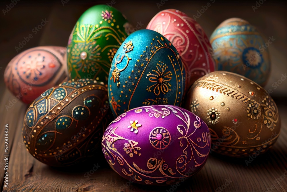 Festive colored painted Easter eggs on wooden table. ai generated. Festive colored painted Easter eggs on wooden table. ai generated.
