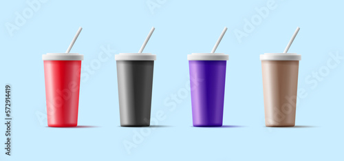 Set of modern colored 3D cup, for drinks. Closed cup with a tube. For the advertising concept of a cafe, fast food. Refreshing drinks.