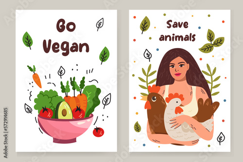 Set of eco lifestyle card template with motivational phrases vector flat illustration. Vegetarian poster decorated by greens and herbs with place for text isolated. Go vegan and save animals lettering