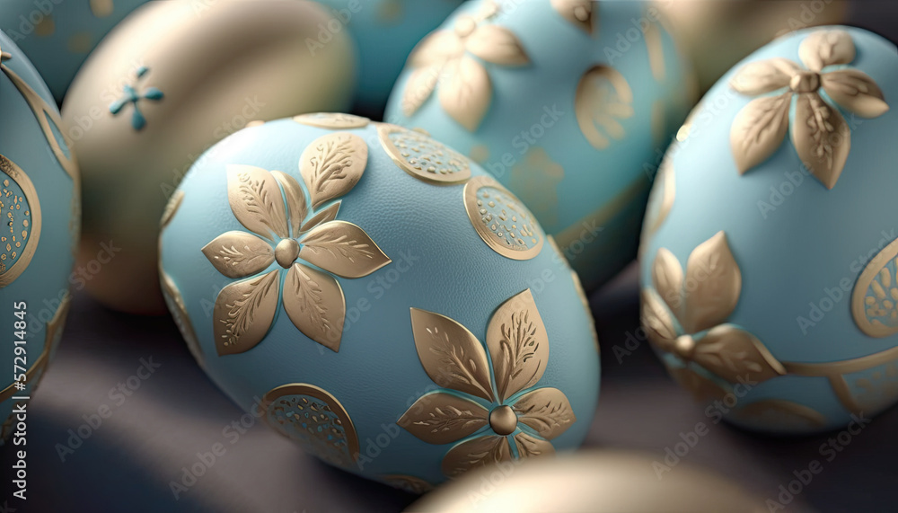 pastel blue and gold easter eggs, textured, top view, flat lay, generative AI pastel blue and gold easter eggs, textured, top view, flat lay, generative AI