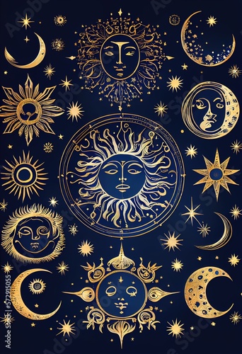 Drawing of golden stars, moon, planets, constellations on a blue background, mystical. drawing for tarot cards, fantasy magic space. Generative AI