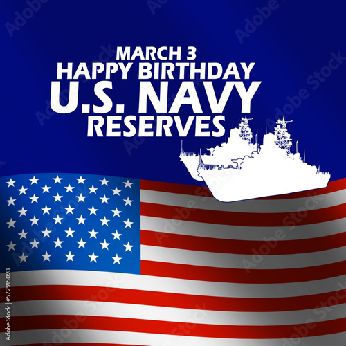 Naval ship icon with American flag and bold text on dark blue background to commemorate Navy Reserves Birthday on March 3