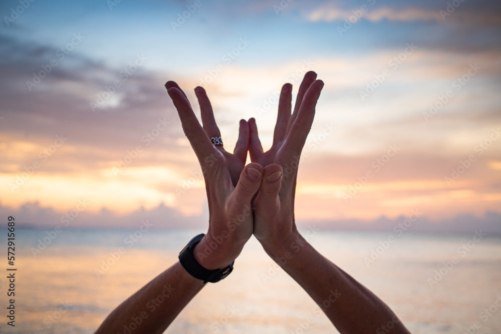 Fototapeta premium hand in lotus mudra at sunset