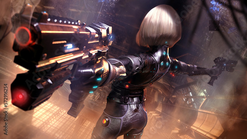 A beautiful sexy girl with a blonde square hairstyle stands epic with two high-tech pistols at the ready in a black cybernetic suit in the middle of a robotics technology plant, 2d digital art