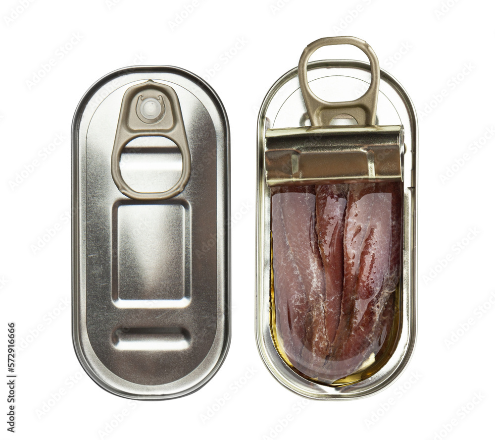 Two can of preserved anchovy fillet packed with virgin olive oil, in different stage of being pry open, isolated on a transparent background. Top view Two can of preserved anchovy fillet packed with virgin olive oil, in different stage of being pry open, isolated on a transparent background. Top view