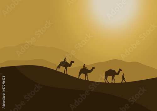 silhouette of camels in the desert with sunlight  vector illustration.