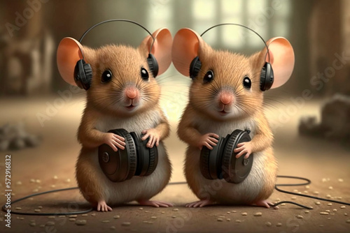 Photorealistic image of happy small cute mice with headphones, concept of animals and music, generative ai