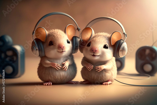 Photorealistic image of happy small cute mice with headphones, concept of animals and music, generative ai photo