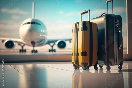 Travel departure, airport with luggage suitcases and airplane in the background, for tourism and marketing purposes