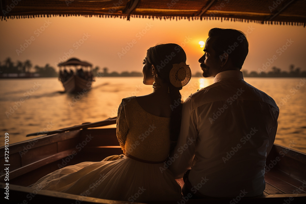Couple watching  the sunset in a boat in Venice, Italy  - obrazy, fototapety, plakaty 