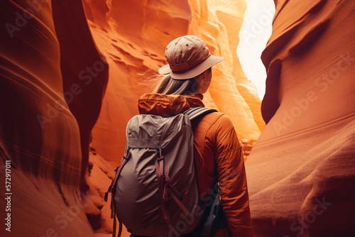 Back view Tourist Hiker girl on Sandstone Antelope Canyon, USA, travel image for tourism or marketing purposes