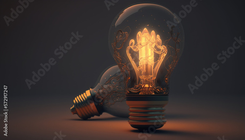 Illuminated Light Bulb, Bright and Glowing, 3D and Ultra Realistic Electricity and Energy, Ideas Concept - Generative AI