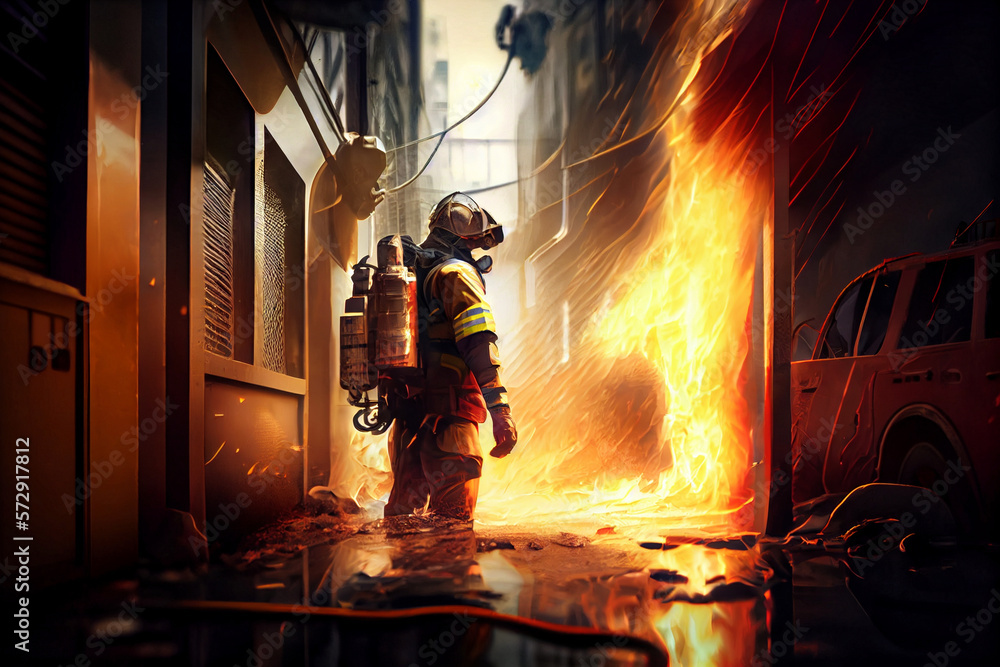 Firefighter with a hose, extinguishing a fire in the city. Generative AI. Firefighter with a hose, extinguishing a fire in the city. Generative AI.