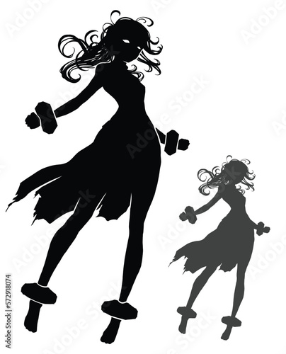A sinister and beautiful sorceress in a torn dress with heavy shackles on her hands and feet, her hair is disheveled, using magical power she floats in the air, 2d anime art