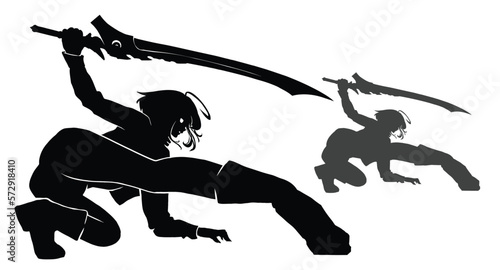 A black silhouette with a flexible beauty girl, she is a warrior in an epic pose on all fours with a curved sword at the ready. 2d anime art