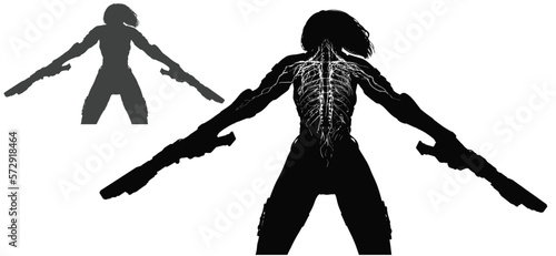 A beautiful sexy girl with a square hairstyle stands epically with two pistols at the ready in a black cybernetic suit that activates her entire body through the nerve nodes on her back , 3d rendering