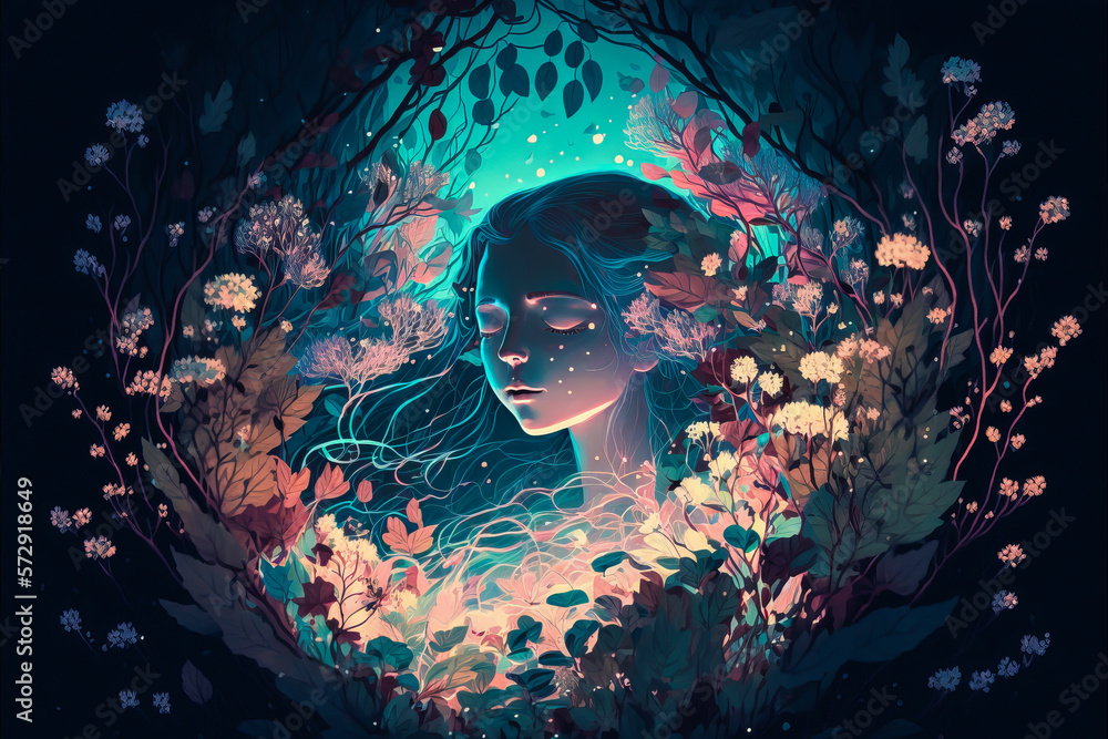 A person floating among a beautiful decor of flowers and luminescent plants. Fantasy style, soft colors and pastel for an ethereal and dreamy graphic. Generative AI