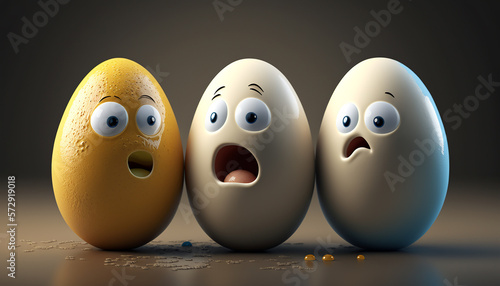 three cartoon eggs with emotions. Generative AI
