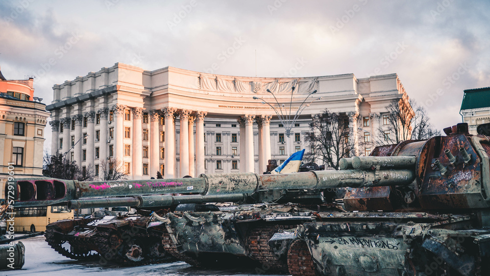 Broken Russian tank in the center of Kiev