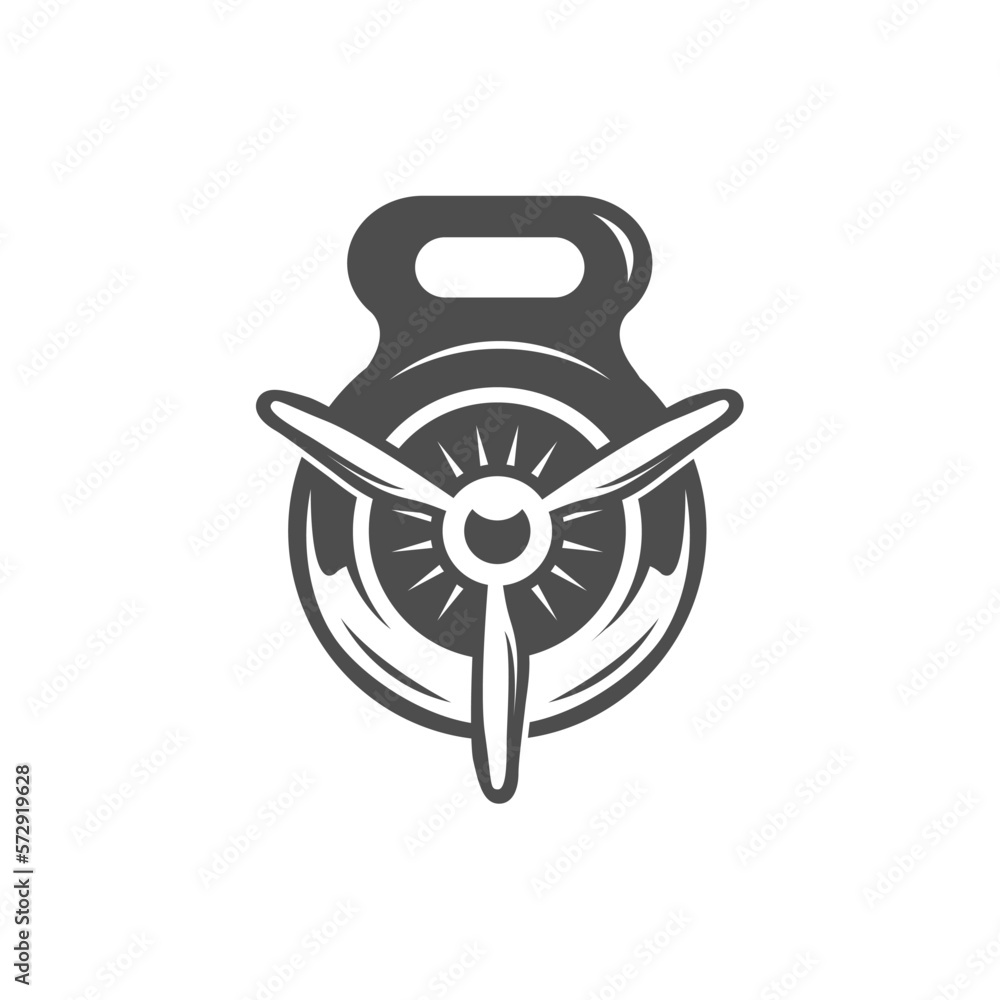 Gym strength logo design idea with kettle bell and propeller in negative space. Fitness and bodybuilding club logo template. Sports and themes Gym strength logo design idea with kettle bell and propeller in negative space. Fitness and bodybuilding club logo template. Sports and themes