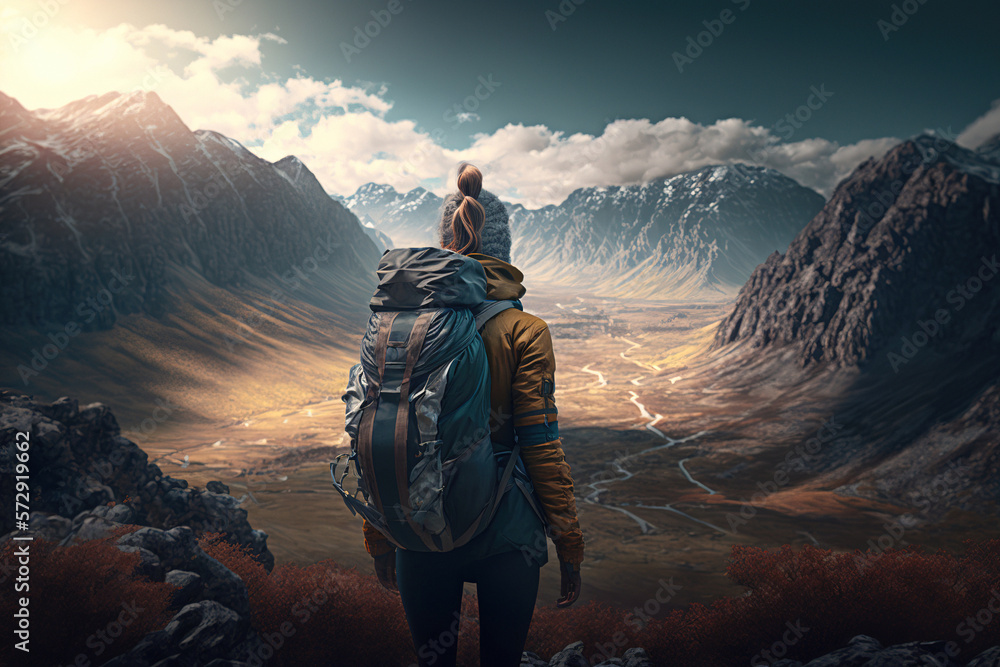 Young woman with a backpack high in the mountains.Photorealistic shot generated by AI.