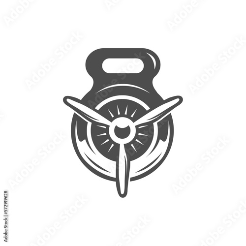 Gym strength logo design idea with kettle bell and propeller in negative space. Fitness and bodybuilding club logo template. Sports and themes