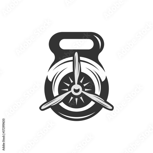 Gym strength logo design idea with kettle bell and propeller in negative space. Fitness and bodybuilding club logo template. Sports and themes