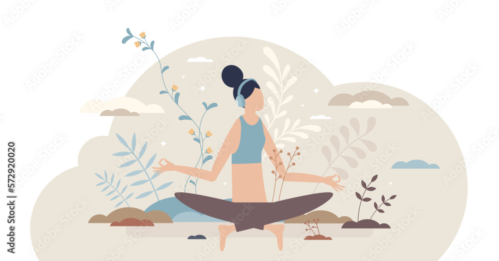 Guided meditation and yoga activity using headphones tiny person concept, transparent background. Distant listening and relaxation from home as mental or emotional therapy.