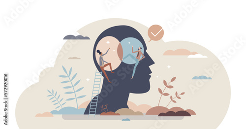 Finding common ground and search for opinion compromise tiny person concept, transparent background.Cooperation and united partnership with thoughts match illustration.