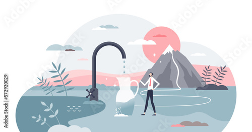 Clean drinking water as natural mountain river resource tiny person concept, transparent background. Fresh and clear filtered mineral drink from natural bio glaciers illustration.