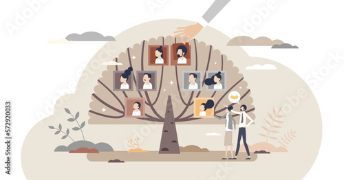 Family tree with generation connection and origin history tiny person concept, transparent background.Relatives and siblings genealogy research with dynasty roots chart illustration. photo