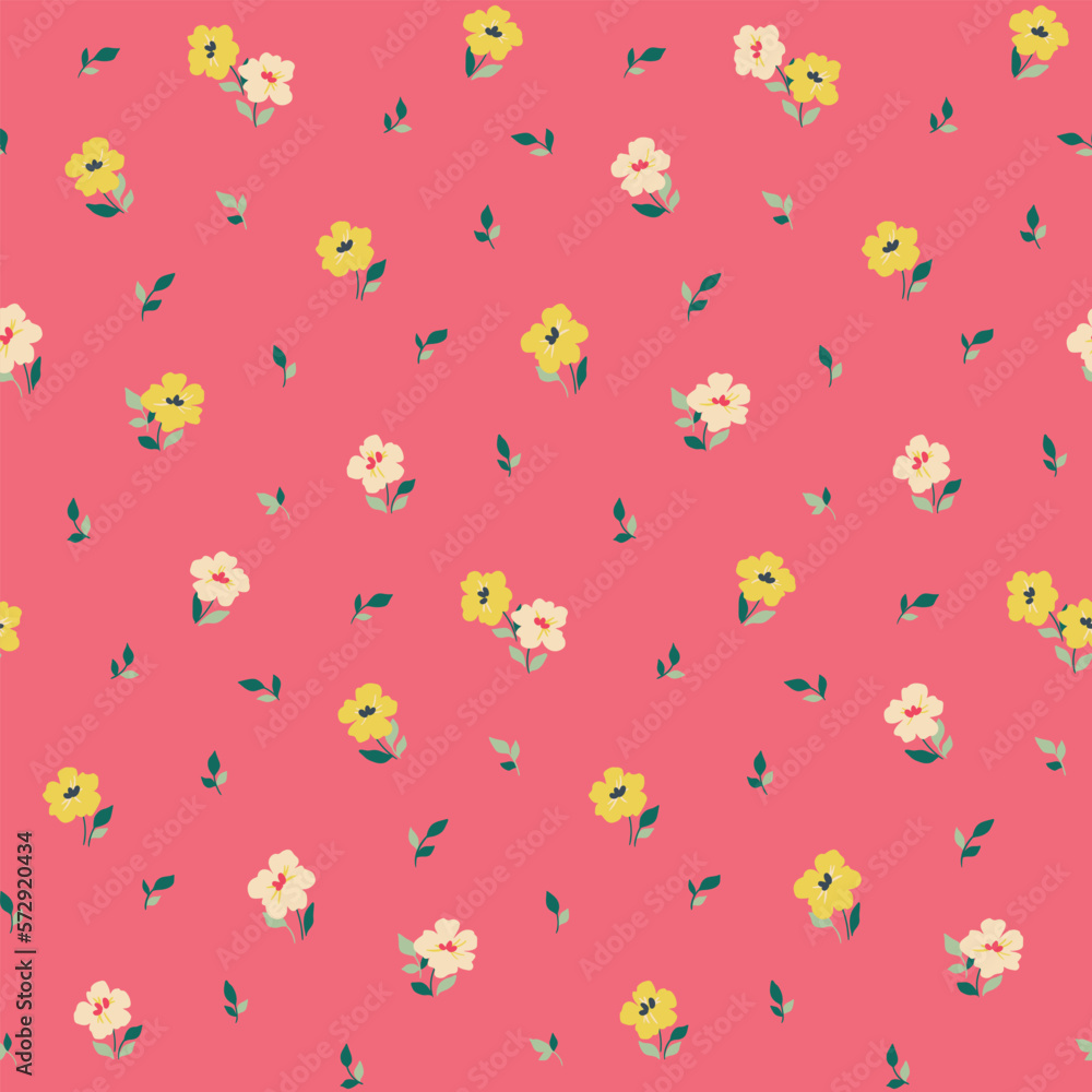 Seamless floral pattern, cute ditsy print with tiny botany in vibrant colors. Trendy botanical design with small hand drawn flowers, leaves on a pink background. Vector illustration.