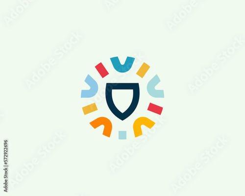 Shield logo. Guard logotype in a frame from colored shapes. Protection security insurance logotype. Vector illustration.