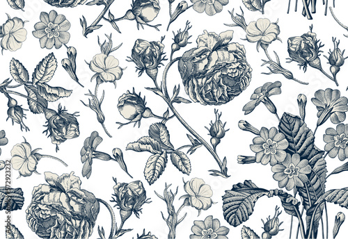 Seamless pattern. Beautiful fabric blooming realistic isolated flowers. Vintage background. Rose primrose primula wildflowers. Wallpaper baroque bouquet Drawing engraving Vector victorian 