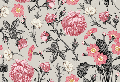 Seamless pattern. Beautiful fabric blooming realistic isolated flowers. Vintage background. Rose primrose primula wildflowers. Wallpaper baroque bouquet Drawing engraving Vector victorian 
