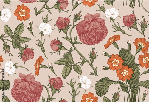 Seamless pattern. Beautiful fabric blooming realistic isolated flowers. Vintage background. Rose primrose primula wildflowers. Wallpaper baroque bouquet Drawing engraving Vector victorian 